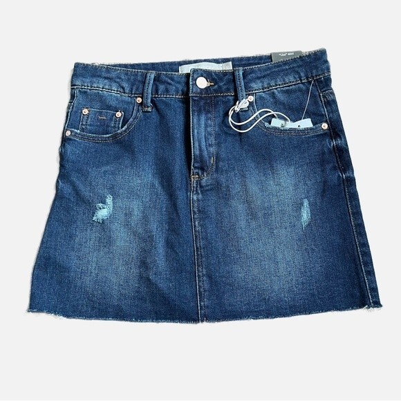 Tractr Girls Lisa Distressed Mini Skirt Denim Raw Hem Dark Wash Slim Size XL - Picture 1 of 8